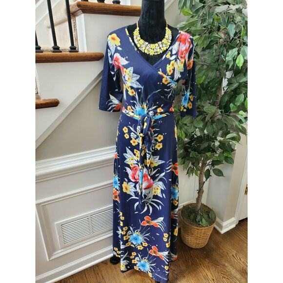 Kranda Women's Blue Floral Polyester V-Neck 3/4 Sleeve Long Maxi Dress Size S - Picture 1 of 9